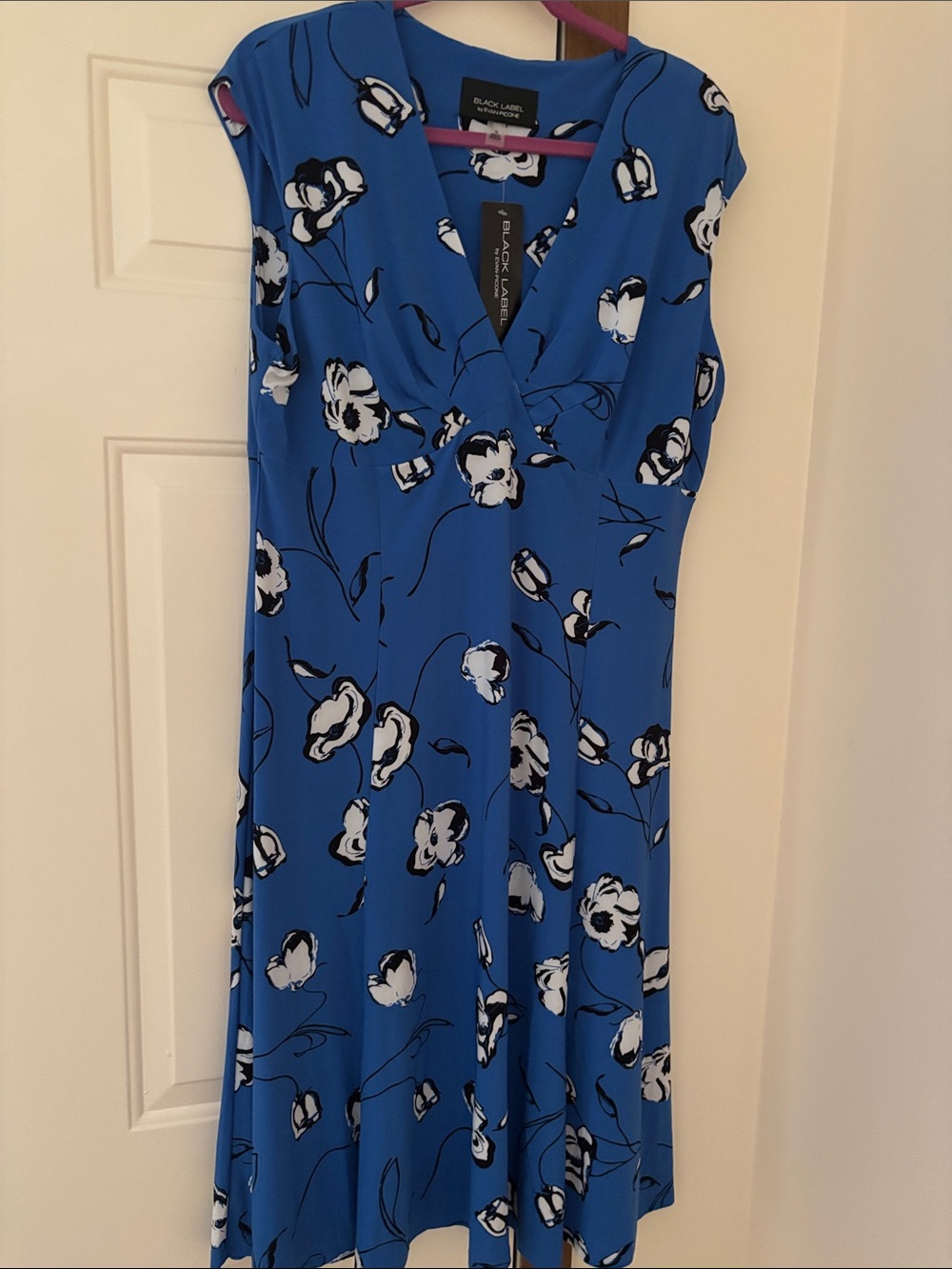 Evan Picone Royal Blue Floral V-Neck Midi Dress